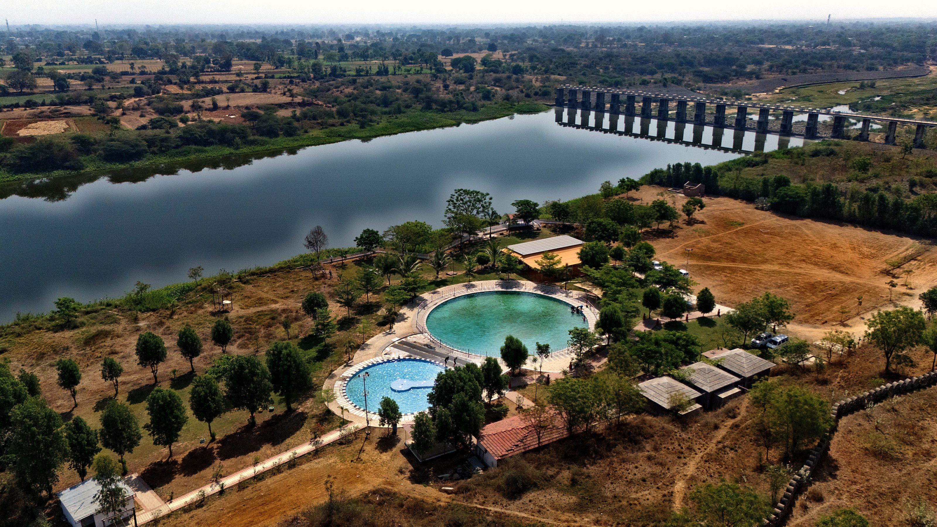 Aerial view of the resort by the river